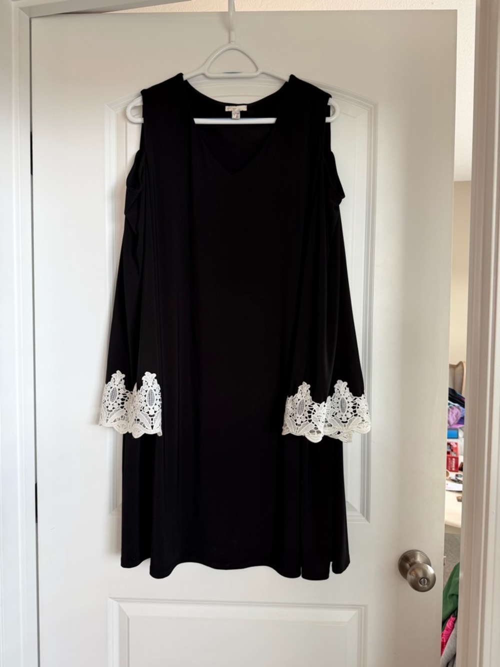 Black Cold-Shoulder Long Sleeve Dress with White Lace Cuffs
